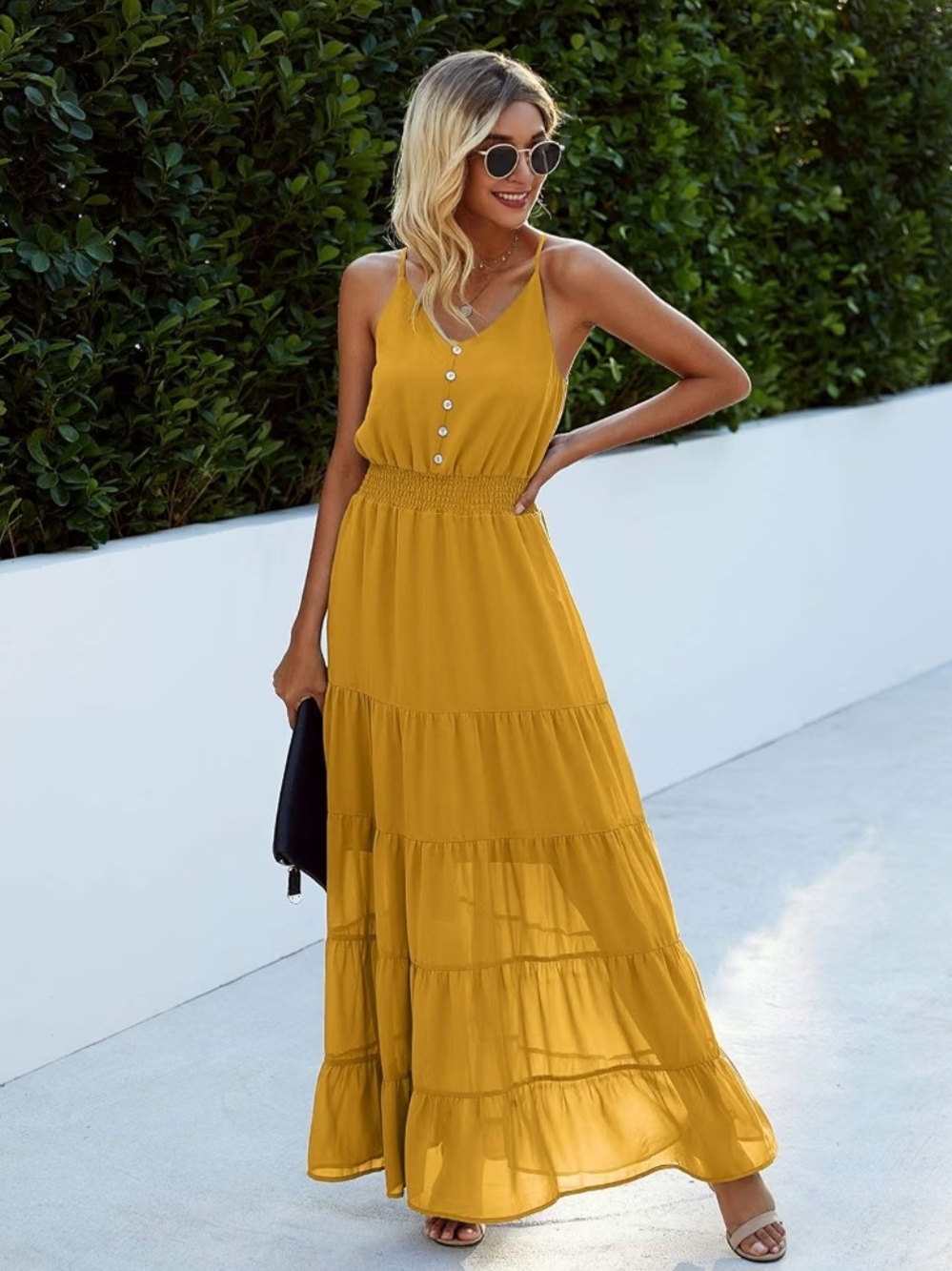 "New Pretty Garden" Women's Mustard Yellow Maxi Dress with Smocked Waist - Picture 3 of 6